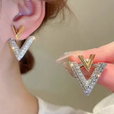 Dazzling Double V Letter Gold Silver Two Tone Bling Luxury Designer Crystal Stud Earrings
