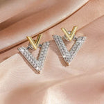 Dazzling Double V Letter Gold Silver Two Tone Bling Luxury Designer Crystal Stud Earrings