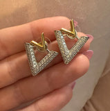 Dazzling Double V Letter Gold Silver Two Tone Bling Luxury Designer Crystal Stud Earrings