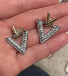 Dazzling Double V Letter Gold Silver Two Tone Bling Luxury Designer Crystal Stud Earrings