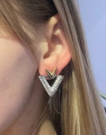 Dazzling Double V Letter Gold Silver Two Tone Bling Luxury Designer Crystal Stud Earrings