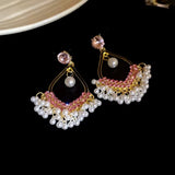 Women Luxury Pink Crystal & Pearl Tassel Fashion Jewelry Party Dangle Earrings