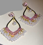 Women Luxury Pink Crystal & Pearl Tassel Fashion Jewelry Party Dangle Earrings