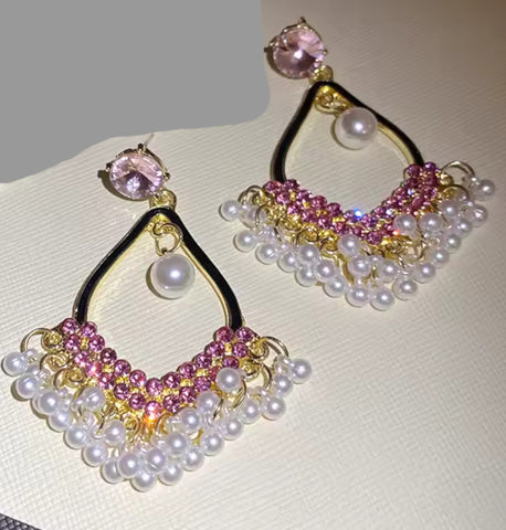 Women Luxury Pink Crystal & Pearl Tassel Fashion Jewelry Party Dangle Earrings