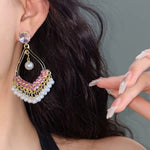 Women Luxury Pink Crystal & Pearl Tassel Fashion Jewelry Party Dangle Earrings