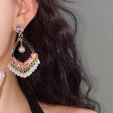 Women Luxury Pink Crystal & Pearl Tassel Fashion Jewelry Party Dangle Earrings