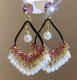 Women Luxury Pink Crystal & Pearl Tassel Fashion Jewelry Party Dangle Earrings