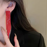 Red Long Fringe Tassel Drop Sparkling Statement Jewelry Chandelier Earrings for Women
