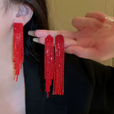 Red Long Fringe Tassel Drop Sparkling Statement Jewelry Chandelier Earrings for Women