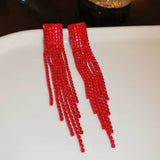Red Long Fringe Tassel Drop Sparkling Statement Jewelry Chandelier Earrings for Women