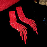 Red Long Fringe Tassel Drop Sparkling Statement Jewelry Chandelier Earrings for Women