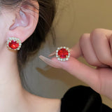 Glamorous Luxury Ruby Red Crystal Pave Choker Tennis Necklace Stud Earrings Set