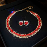 Glamorous Luxury Ruby Red Crystal Pave Choker Tennis Necklace Stud Earrings Set