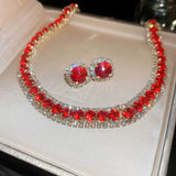 Glamorous Luxury Ruby Red Crystal Pave Choker Tennis Necklace Stud Earrings Set
