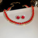 Glamorous Luxury Ruby Red Crystal Pave Choker Tennis Necklace Stud Earrings Set