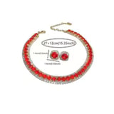 Glamorous Luxury Ruby Red Crystal Pave Choker Tennis Necklace Stud Earrings Set