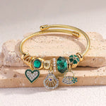Fashion Stainless Steel Gold Green Charm Love Bracelet with Beaded Pendant Charms