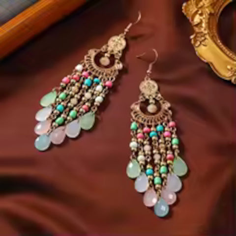 Bohemian Style Multi-Color Pastel Beads Tassel Boho Long Chandelier Fashion Earrings