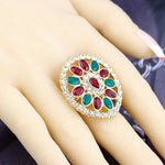 Elegant Multi Color Crystal Adjustable Ethnic Style Big Finger Ring For Women Free Size