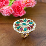 Elegant Multi Color Crystal Adjustable Ethnic Style Big Finger Ring For Women Free Size