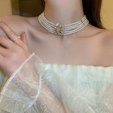 Multi Layer 5 Row Pearl Choker Necklace Fashion Wedding Jewelry Statement Necklace