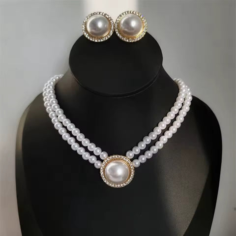 Elegant 2-Row Pearl Choker Necklace with Stud Earrings Women Fashion Jewelry Set