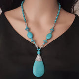 Turquoise Blue Beaded Layering Statement Sweater Chain Necklace with Silver Accents