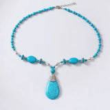 Turquoise Blue Beaded Layering Statement Sweater Chain Necklace with Silver Accents