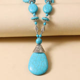 Turquoise Blue Beaded Layering Statement Sweater Chain Necklace with Silver Accents