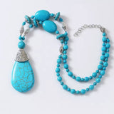 Turquoise Blue Beaded Layering Statement Sweater Chain Necklace with Silver Accents