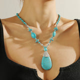 Turquoise Blue Beaded Layering Statement Sweater Chain Necklace with Silver Accents