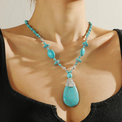Turquoise Blue Beaded Layering Statement Sweater Chain Necklace with Silver Accents