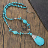 Turquoise Blue Beaded Layering Statement Sweater Chain Necklace with Silver Accents