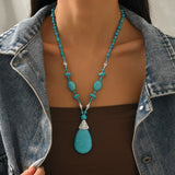 Turquoise Blue Beaded Layering Statement Sweater Chain Necklace with Silver Accents