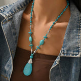 Turquoise Blue Beaded Layering Statement Sweater Chain Necklace with Silver Accents