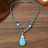Turquoise Blue Beaded Layering Statement Sweater Chain Necklace with Silver Accents