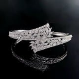 High Quality Silver Finish Luxury Carved Cubic Zirconia Crystal Cuff Bangle Bracelet