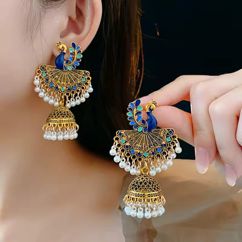 Women Ethnic Traditional Peacock Jhumka Earrings with Pearls