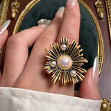 Adjustable Large Sun Finger Ring Antique Gold Women Cocktail Jewelry with Pearls