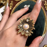 Adjustable Large Sun Finger Ring Antique Gold Women Cocktail Jewelry with Pearls