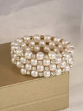 Multi-Row Faux Pearl Wrap Gold Plated Crystal Accented Statement Cuff Bracelet