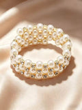 Multi-Row Faux Pearl Wrap Gold Plated Crystal Accented Statement Cuff Bracelet