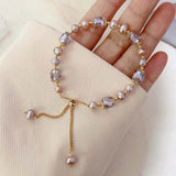 Exquisite Imitation Pearl Amethyst Crystal Fashion Jewelry Pull Chain Adjustable Bracelet for Women