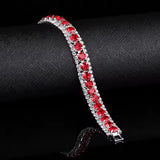 Radiant Silver-Tone Red Zirconia Crystal Tennis Link Bracelet Luxury Evening Wear Accessory
