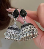 Women Ethnic Style Oxidized Silver Jhumka Bell Tassel Earrings with Black Stones