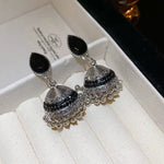 Women Ethnic Style Oxidized Silver Jhumka Bell Tassel Earrings with Black Stones