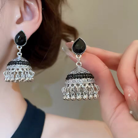 Women Ethnic Style Oxidized Silver Jhumka Bell Tassel Earrings with Black Stones