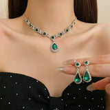 Emerald Green Crystal Elegant Long Drop Earrings Necklace Exquisite Fashion Jewelry Set for Women