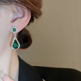 Emerald Green Crystal Elegant Long Drop Earrings Necklace Exquisite Fashion Jewelry Set for Women