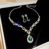 Emerald Green Crystal Elegant Long Drop Earrings Necklace Exquisite Fashion Jewelry Set for Women